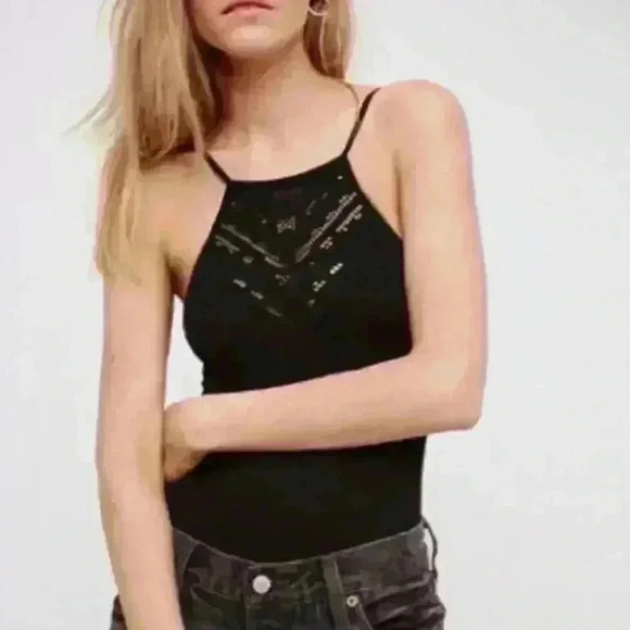Intimately by Free People Solstice Lace Bodysuit  Ribbed Black NWOT - Picture 1 of 7